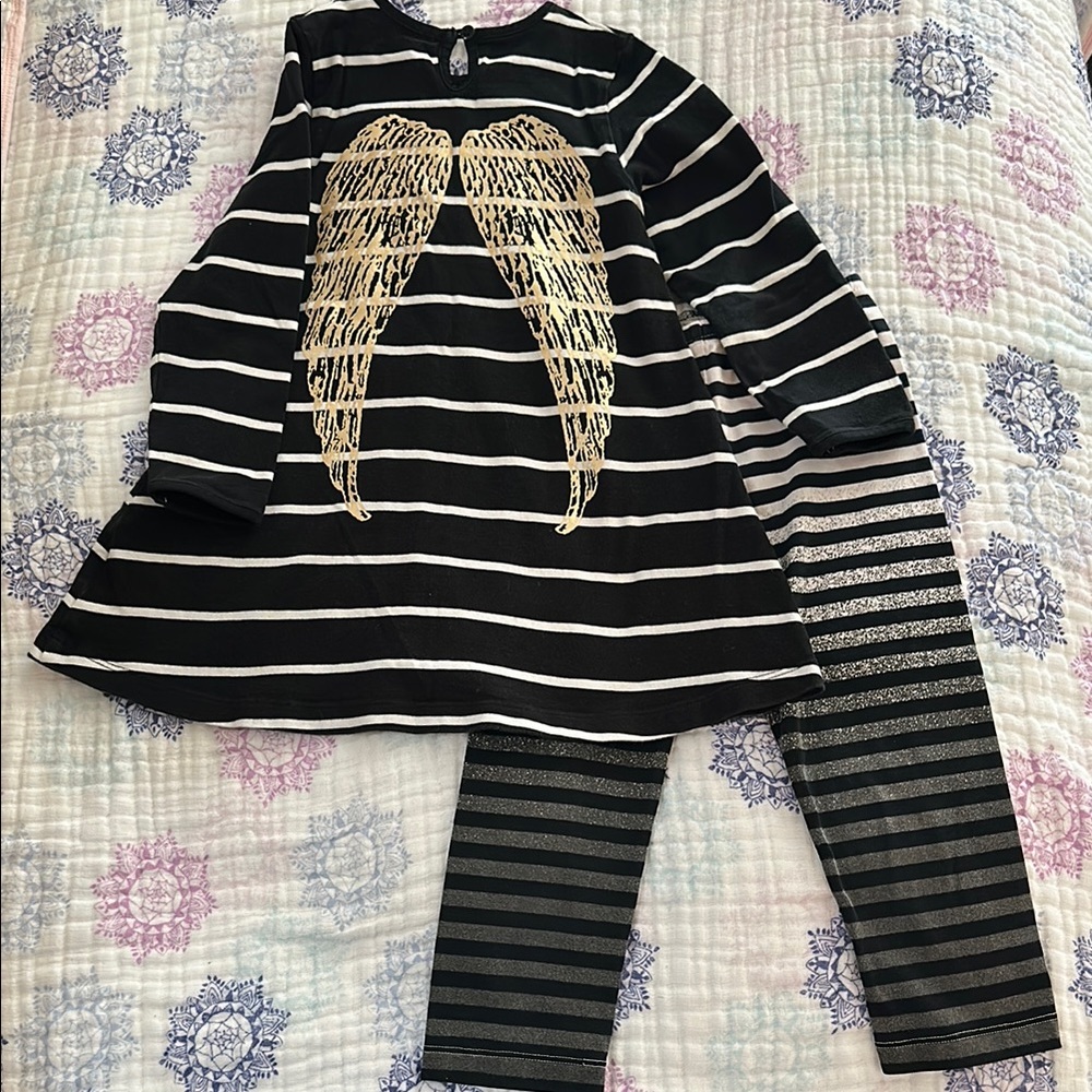 Striped Black & White Gold Winged Dress with Striped Sparkle Leggings Size 4